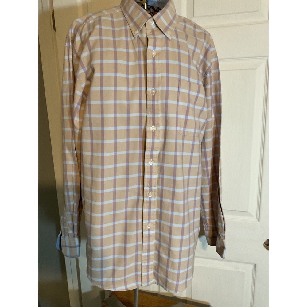 Saddlebred Vintage Oxford Mens Large Plaid‎ Button Down Shirt Tan Blue Cotton L